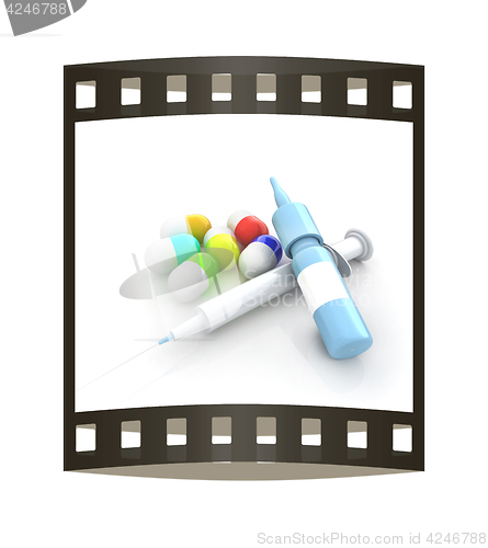 Image of Syringe, tablet, pill jar. 3D illustration. The film strip