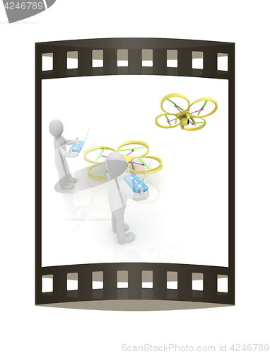 Image of 3d man with drone, quadrocopter, with photo camera. 3d render. 3