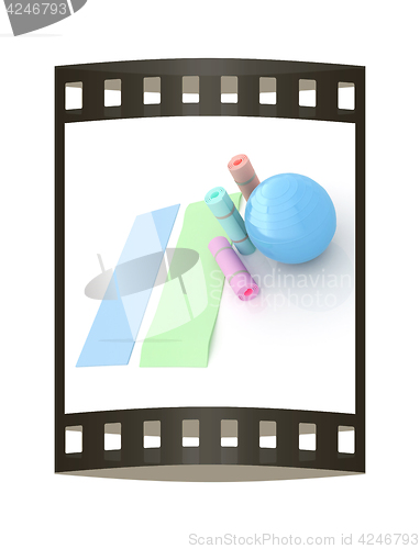 Image of karemat and fitness ball. 3D illustration. The film strip