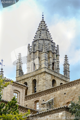 Image of church bell tower Late 16th century late Gothic building of San Esteban built in the village of Loarre Aragon Huesca Spain