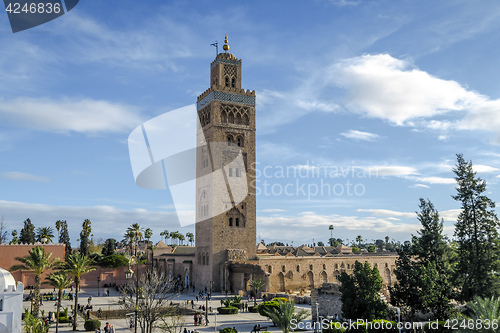 Image of Djemaa EL Fna square and Koutoubia mosque in Marrakech Morocco