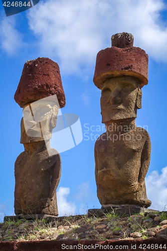 Image of Moais statues site ahu Nao Nao on anakena beach, easter island