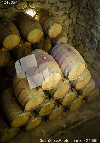 Image of wood wine barrels in a winery