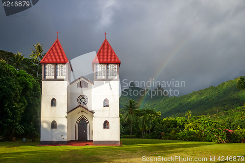 Image of Rainbow on Haapiti church in Moorea island, landscape