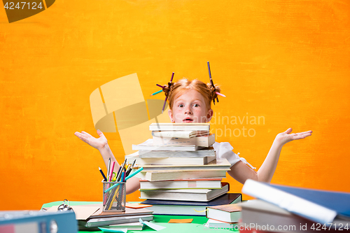 Image of The Redhead teen girl with lot of books at home. Studio shot