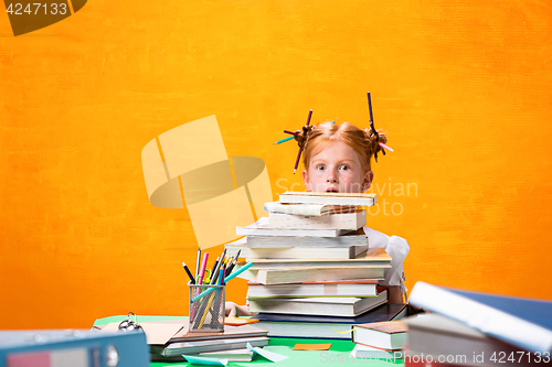 Image of The Redhead teen girl with lot of books at home. Studio shot