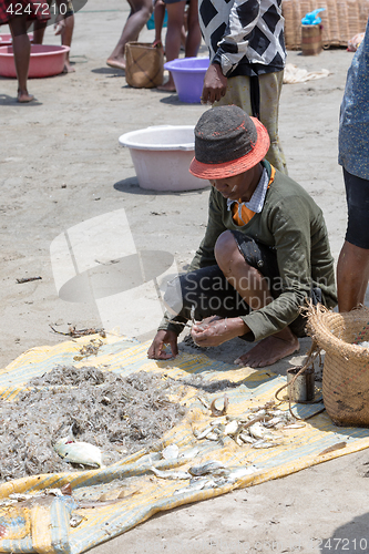 Image of Native Malagasy fishermen fishing on sea, Madagascar