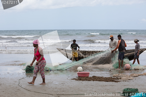 Image of Native Malagasy fishermen fishing on sea, Madagascar