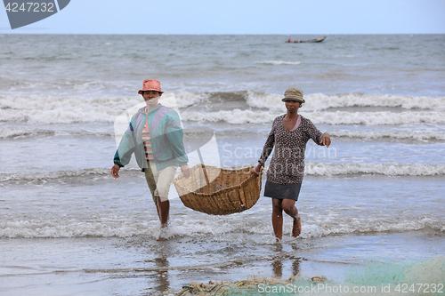 Image of Native Malagasy fishermen fishing on sea, Madagascar