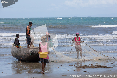 Image of Native Malagasy fishermen fishing on sea, Madagascar