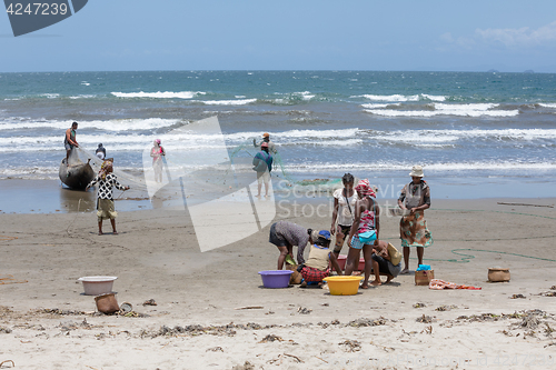 Image of Native Malagasy fishermen fishing on sea, Madagascar