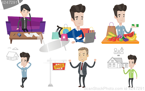 Image of Vector set of real estate agents and house owners.