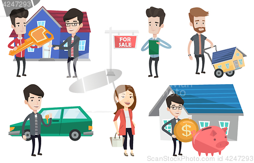 Image of Vector set of real estate agents and house owners.