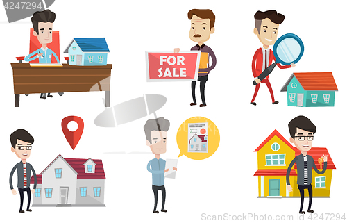 Image of Vector set of real estate agents and house owners.