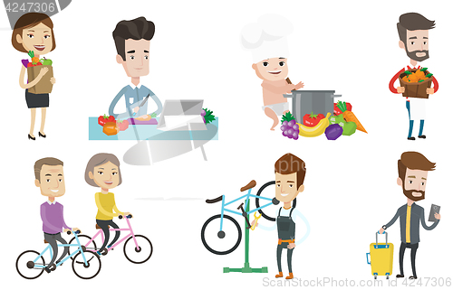 Image of Vector set of people eating and traveling.