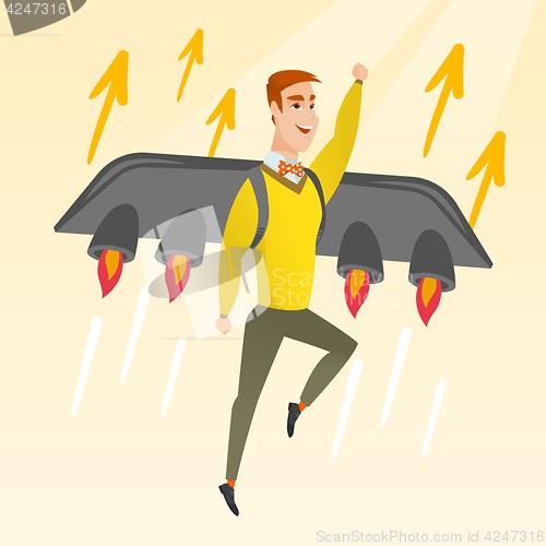 Image of Happy businessman flying on the rocket to success.