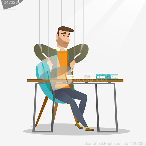 Image of Businessman marionette on ropes working.