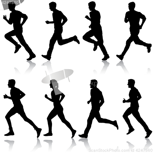 Image of Set of silhouettes. Runners on sprint, men and woman