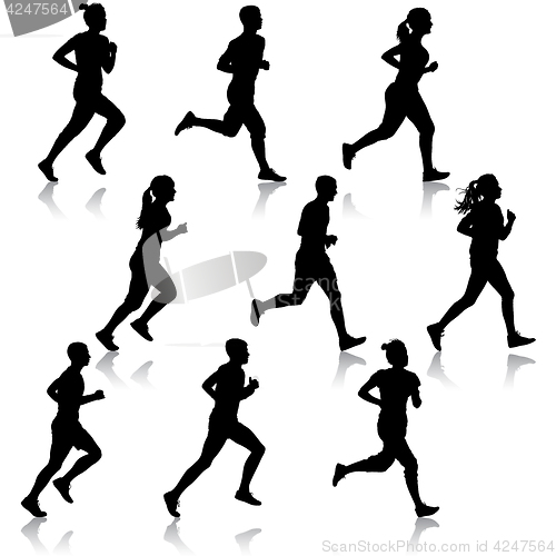 Image of Set of silhouettes. Runners on sprint, men and woman