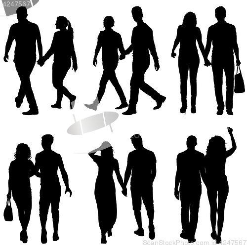 Image of Set Silhouette man and woman walking hand in hand