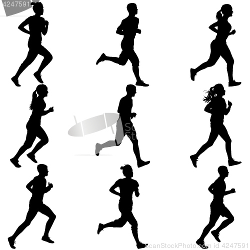 Image of Set of silhouettes. Runners on sprint, men and woman