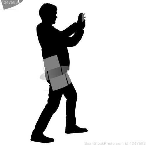 Image of Silhouettes man taking selfie with smartphone on white background