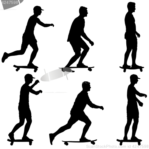 Image of Set ilhouettes a skateboarder performs jumpingon a white background