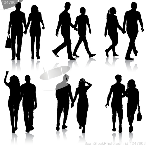 Image of Set Silhouette man and woman walking hand in hand