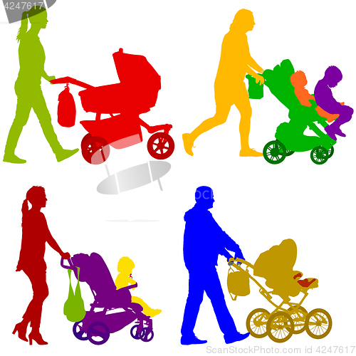 Image of Set black silhouettes Family with pram on white background. illustration