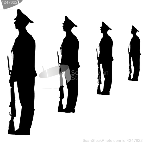 Image of Black silhouette soldier is marching with arms on parade