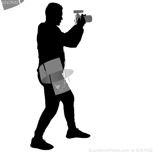 Image of Cameraman with video camera. Silhouettes on white background