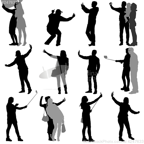 Image of Set silhouettes man and woman taking selfie with smartphone on white background. illustration