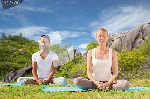 Image of happy couple doing yoga and meditating outdoors