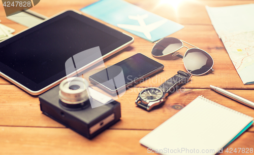 Image of close up of smartphone and travel stuff