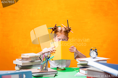 Image of The Redhead teen girl with lot of books at home. Studio shot