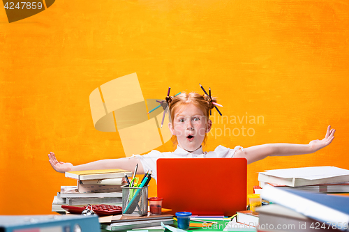 Image of The Redhead teen girl with lot of books at home. Studio shot