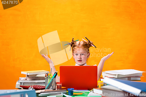 Image of The Redhead teen girl with lot of books at home. Studio shot