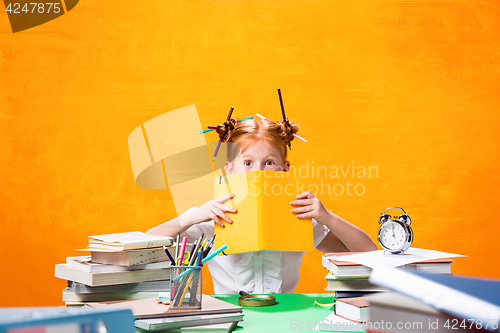 Image of The Redhead teen girl with lot of books at home. Studio shot