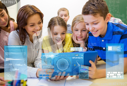 Image of group of kids with teacher and tablet pc at school