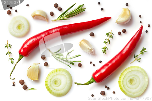 Image of fresh vegetables and spices on white background