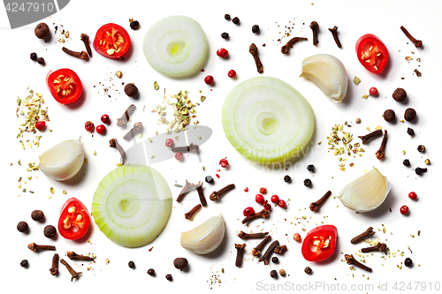 Image of various spices on white background
