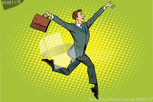 Image of Elegant funny businessman with briefcase running on tipt