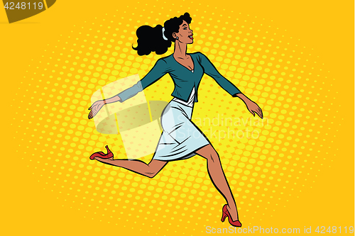 Image of Beautiful businesswoman elegantly runs