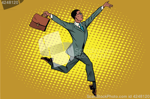 Image of Elegant funny African businessman with briefcase running on tipt