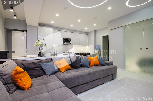 Image of Modern white living room and kitchen