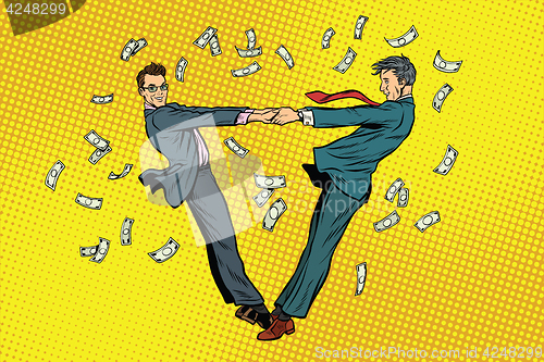 Image of Two businessmen happily dancing in a whirlwind of money