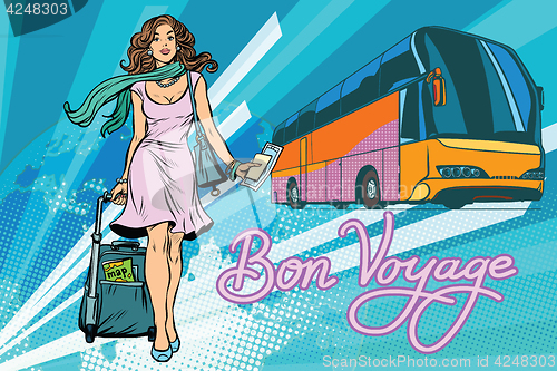 Image of Beautiful young woman tourist passenger tour bus