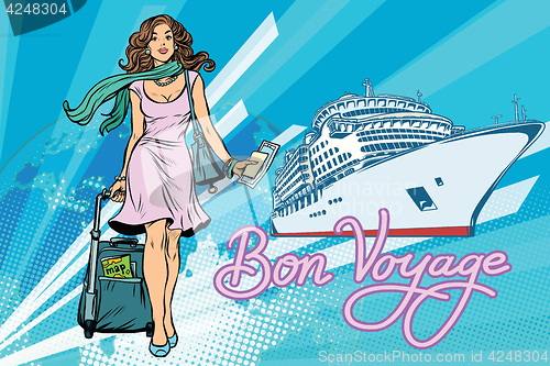 Image of Beautiful woman passenger Bon voyage cruise ship