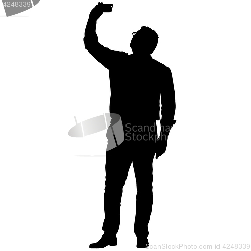 Image of Silhouettes man taking selfie with smartphone on white background
