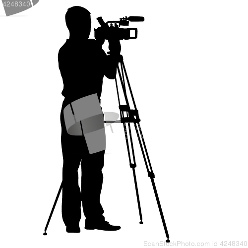 Image of Cameraman with video camera. Silhouettes on white background